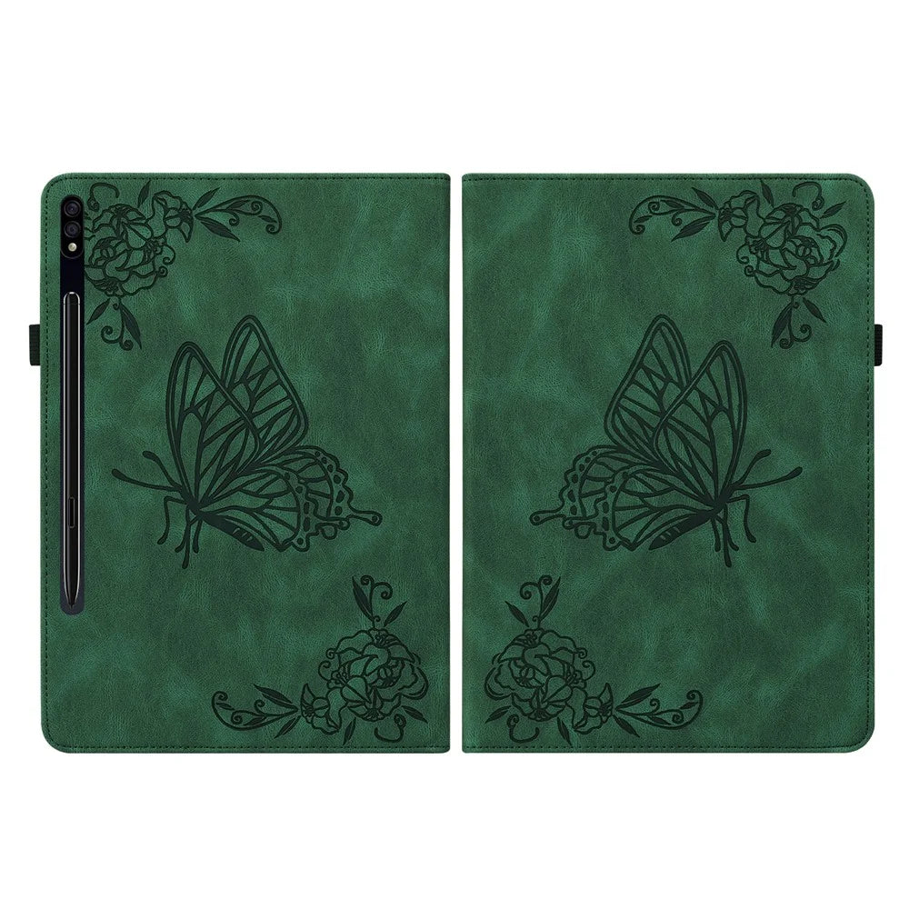 Anti-Slip Tablet Case for Samsung Galaxy Tab S10+ / S9+ PU Leather Imprinted Butterfly Flower Card Holder Stand Cover - Green - 2