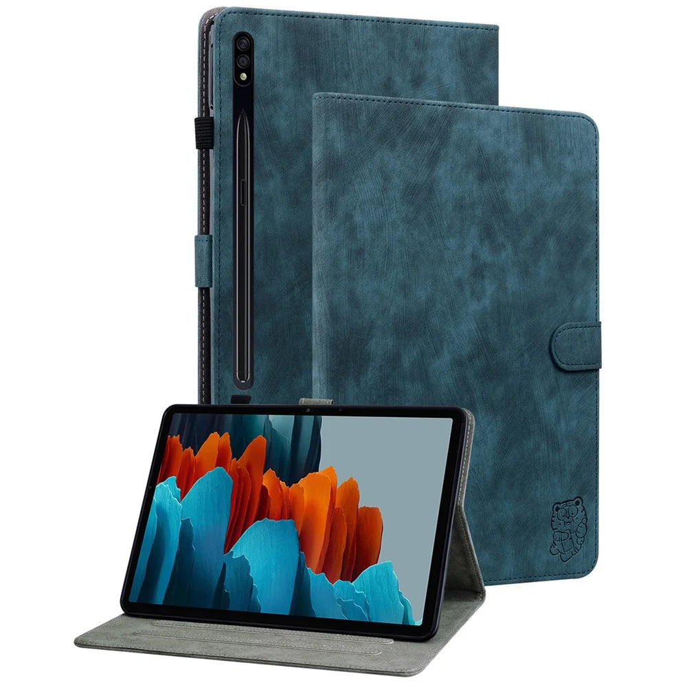 For Samsung Galaxy Tab S10 FE / S9 FE / S9 Stand Folio Tablet Case PU Leather Cute Tiger Pattern Cover with Card Holder - Dark Blue - 1