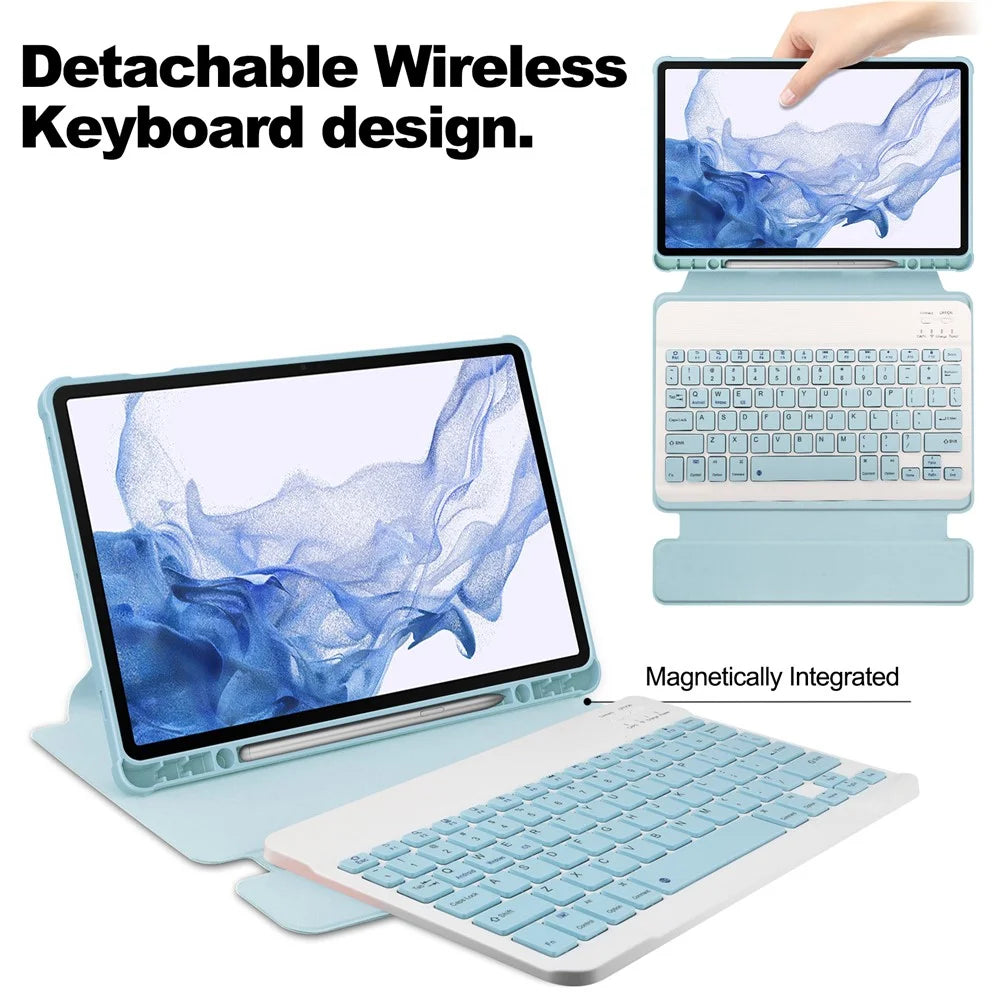 For Samsung Galaxy Tab S9 Tablet Case 360-Degree Rotating Stand Leather+Acrylic Cover with Wireless Keyboard - Sky Blue - 3
