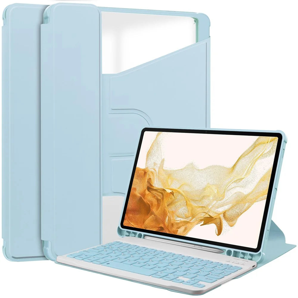 Tablet Case with Wireless Keyboard for Samsung Galaxy Tab S9+ , 360-Degree Rotating Stand PU Leather+Acrylic Cover - Sky Blue - 1