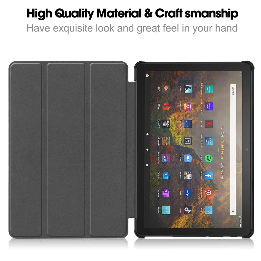 For Amazon Fire HD 10 (2023) Smart Tablet Case Tri-Fold Stand PU Leather Full Body Protective Cover - Black - 2