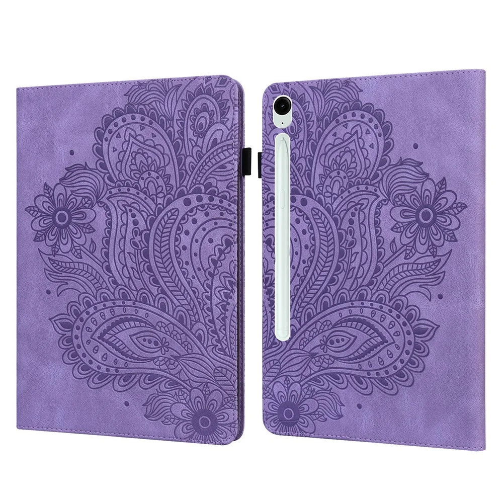 For Samsung Galaxy Tab S10 FE / S9 FE / S9 PU Leather Card Holder Tablet Case Flower Imprinting Support Stand Cover - Purple - 1