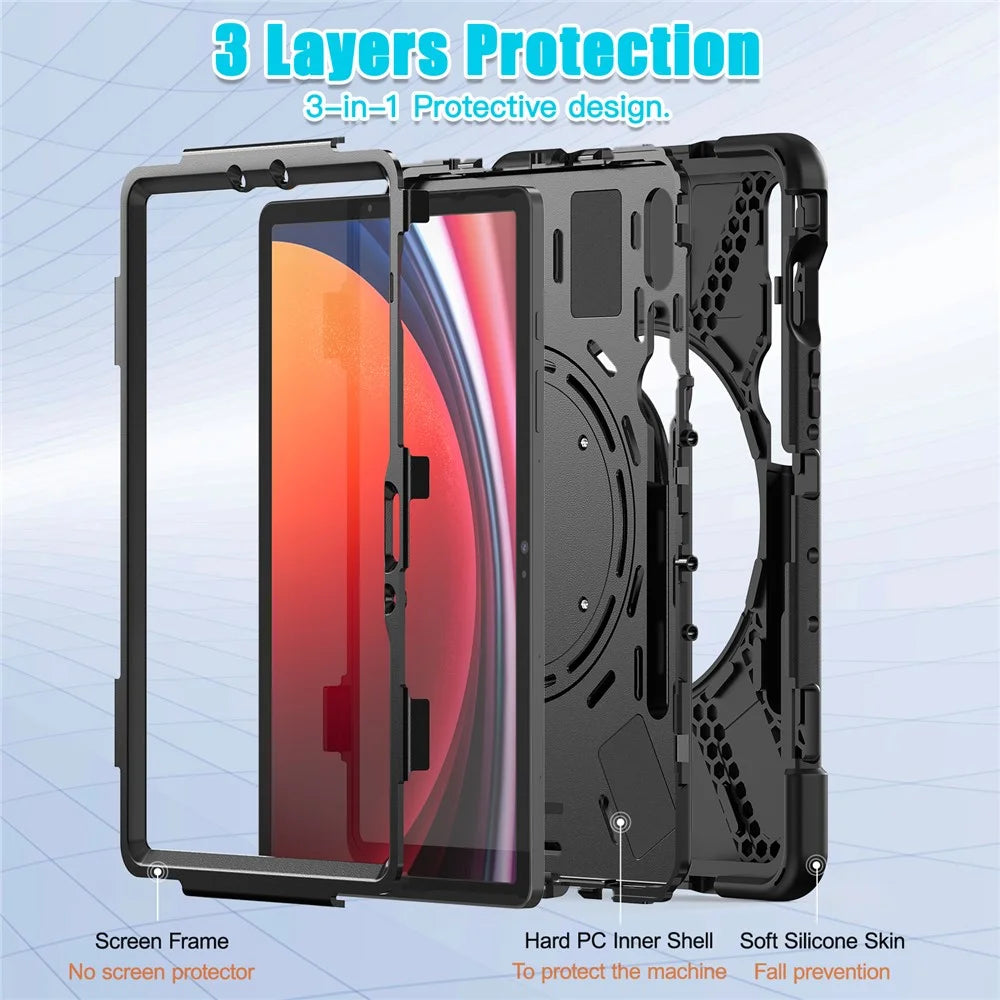 For Samsung Galaxy Tab S10 Lite / S10 FE / S9 FE / S9 / S8 / S7 PC+Silicone Case Rotating Kickstand Tablet Cover - Black+Black - 5