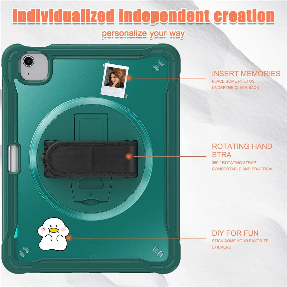 For iPad Air 11 (2026) / (2025) / (2024) / Air (2020) / (2022) / Pro 11 (2018) / (2020) / (2021) / (2022) PC+TPU Tablet Case with Hand Strap - Midnight Green - 4