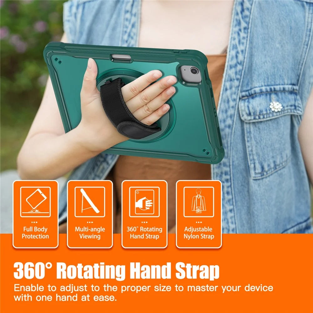 For iPad Air 11 (2026) / (2025) / (2024) / Air (2020) / (2022) / Pro 11 (2018) / (2020) / (2021) / (2022) PC+TPU Tablet Case with Hand Strap - Midnight Green - 5