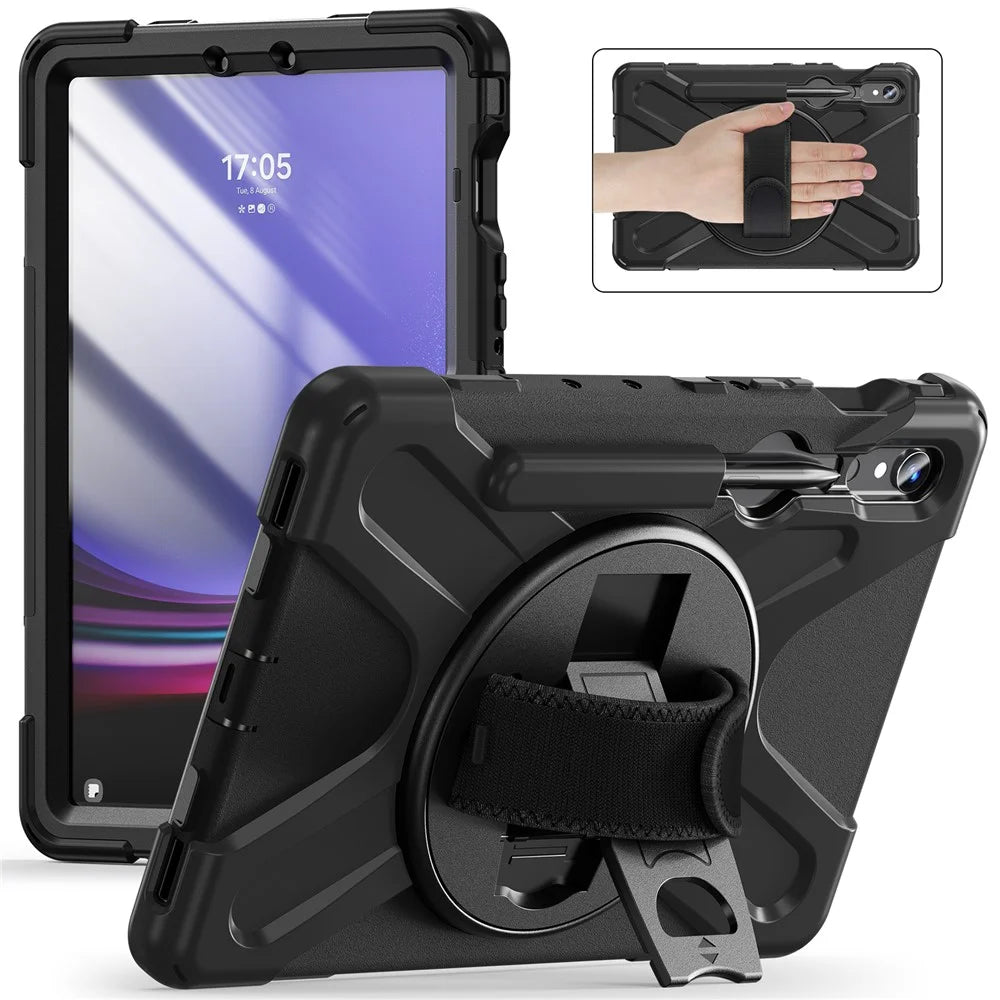 For Samsung Galaxy Tab S10 Lite / S10 FE / S9 FE / S9 X710 / S8 X700 / S7 T870 Wrist Strap Tablet Case PC+Silicone Kickstand Cover - Black - 1
