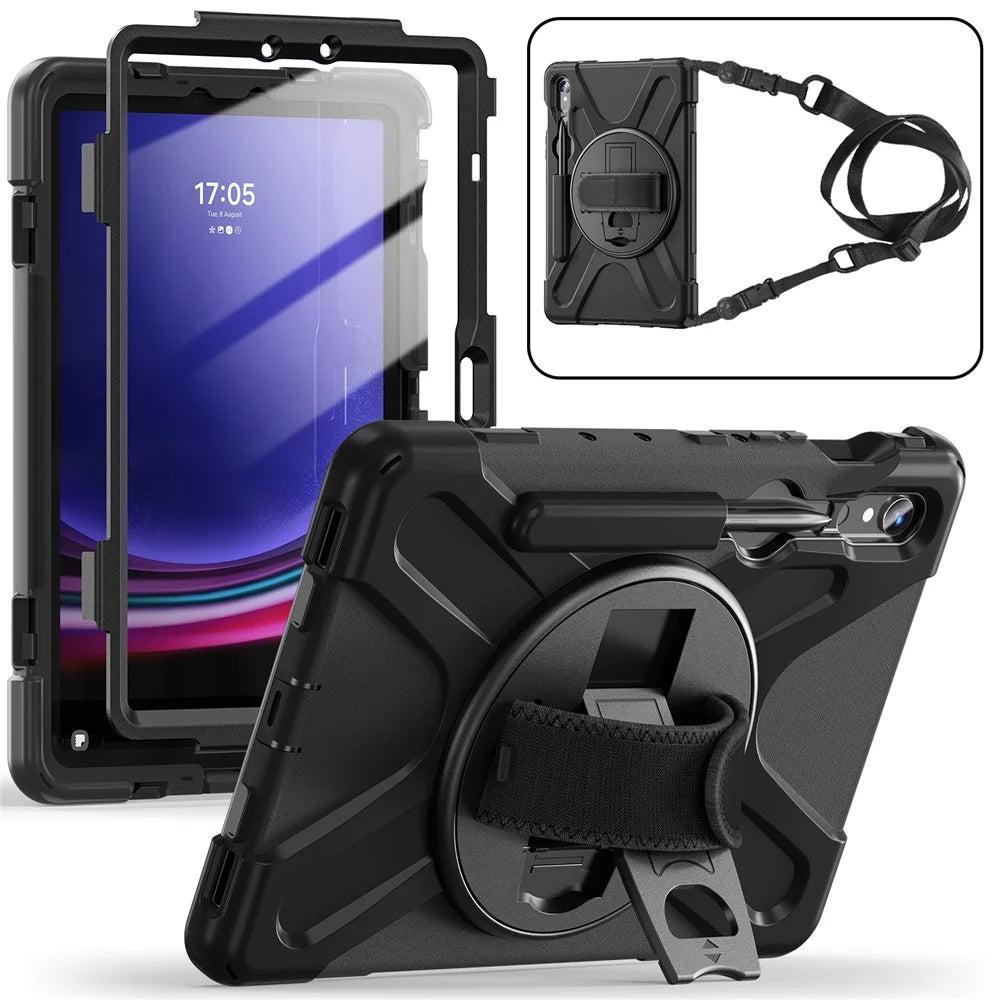 For Samsung Galaxy Tab S10 Lite / S10 FE / S9 FE / S9 X710 / S8 X700 / S7 T870 PC+Silicone Tablet Case Kickstand Cover with Straps - Black - 1