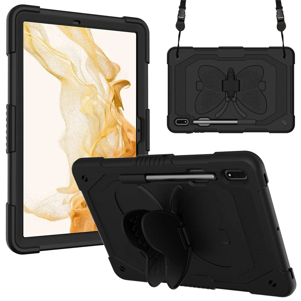Anti-scratch Silicone + PC Tablet Case for Samsung Galaxy Tab S9 Butterfly Shape Kickstand Cover with Shoulder Strap - Black - 1