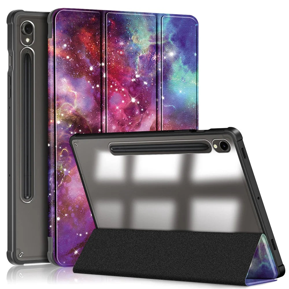 For Samsung Galaxy Tab S9 (SM-X710 / SM-X716B / SM-X718U) Tri-fold Stand Tablet Case Pattern Printing PU+TPU+Acrylic Protective Cover with Pen Slot - Galaxy - 1