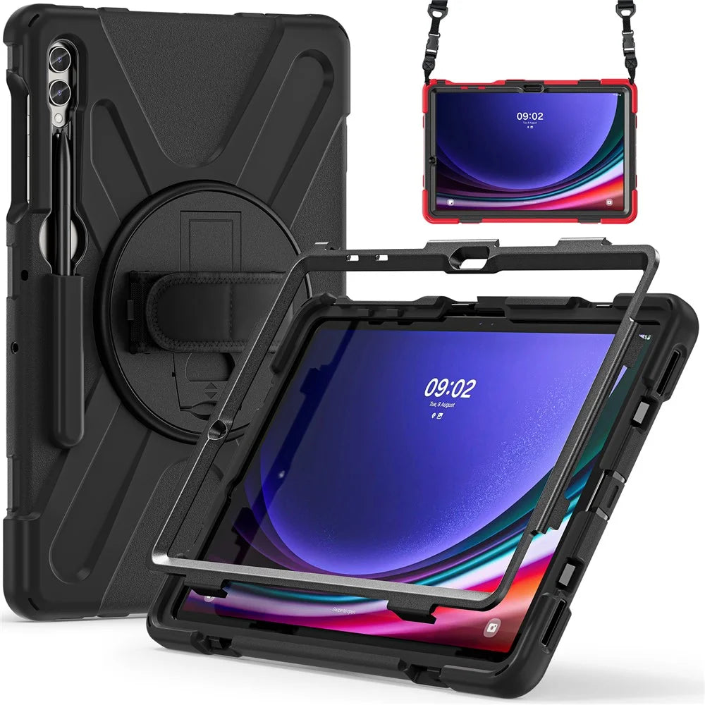 For Samsung Galaxy Tab S10 FE / S10+ X826 / S9 FE+ / S9+ / S8+ / S7 FE / S7+ PC+Silicone Tablet Case Kickstand with Shoulder Strap - Black - 2
