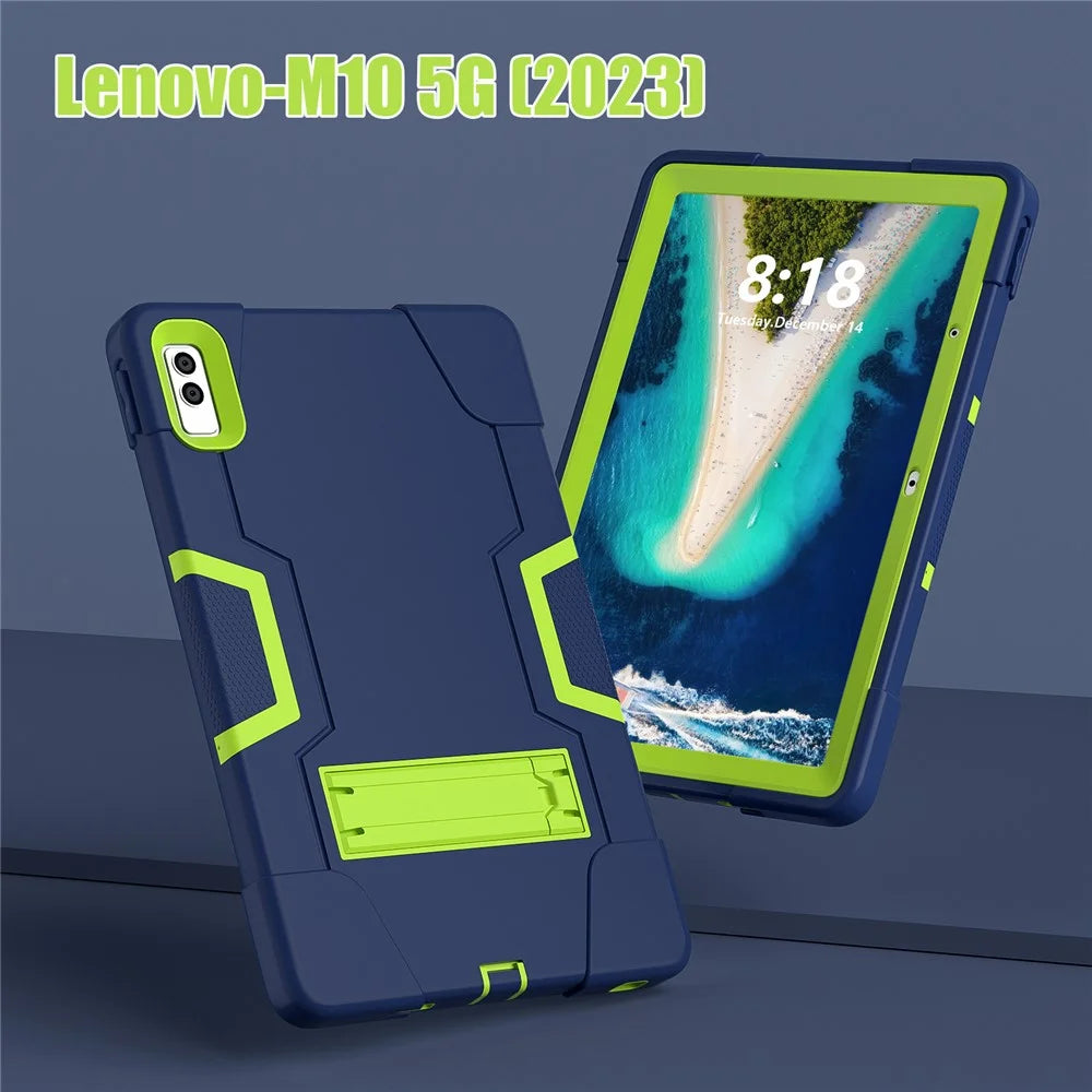Kickstand Tablet Case for Lenovo Tab M10 5G , Robot Style Dual Color Silicone + PC Anti-drop Cover - Navy Blue / Yellow Green - 6