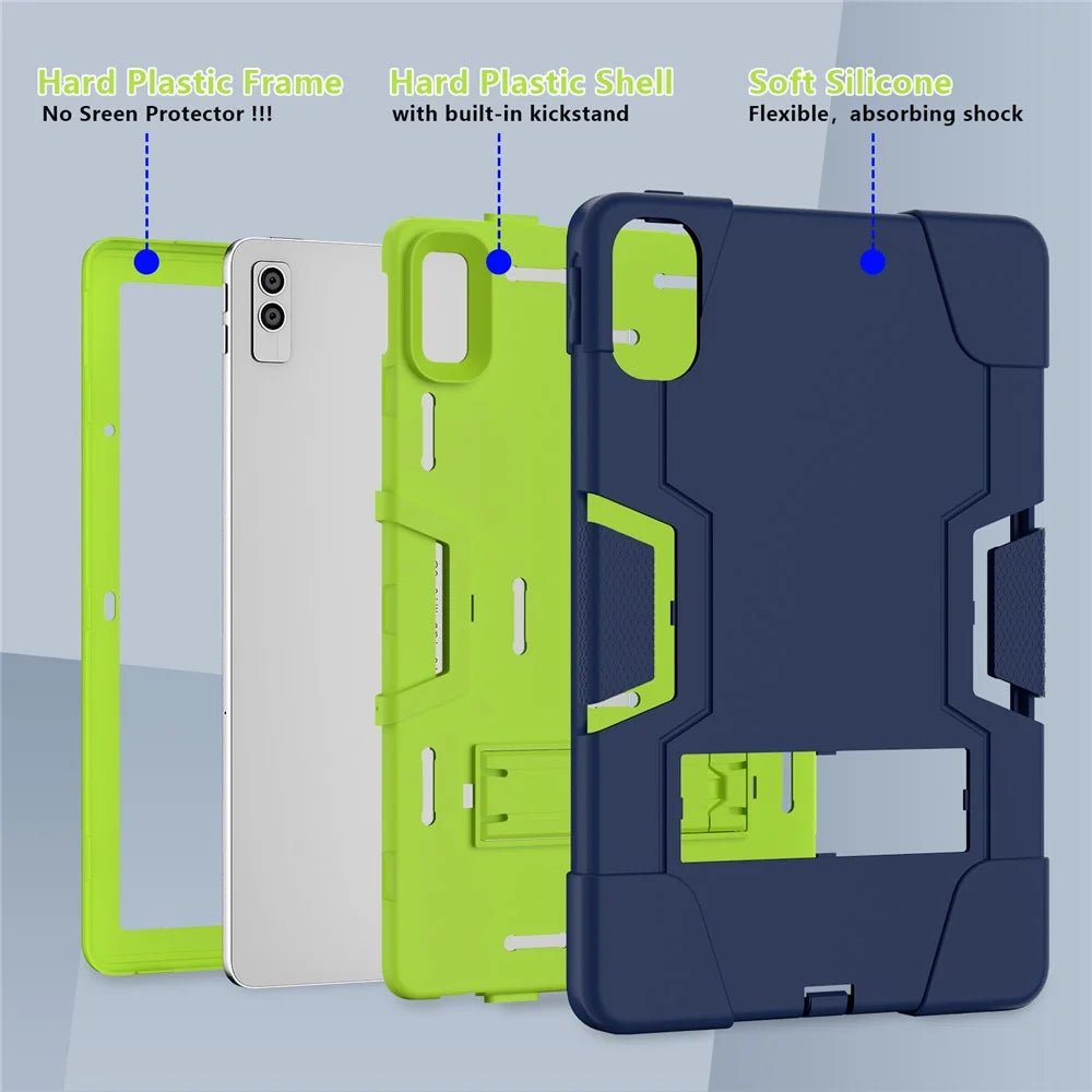 Kickstand Tablet Case for Lenovo Tab M10 5G , Robot Style Dual Color Silicone + PC Anti-drop Cover - Navy Blue / Yellow Green - 7