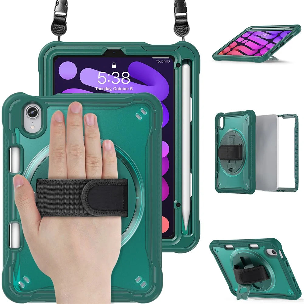 For iPad mini (2024) / mini (2021) Tablet Case PC+TPU Kickstand Cover with Shoulder Strap / Hand Strap - Midnight Green - 3