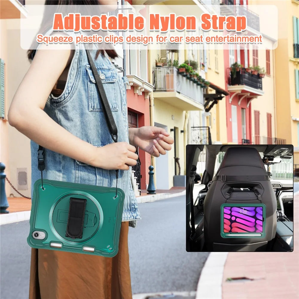 For iPad mini (2024) / mini (2021) Tablet Case PC+TPU Kickstand Cover with Shoulder Strap / Hand Strap - Midnight Green - 4