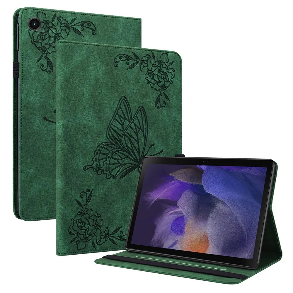 For Samsung Galaxy Tab A9 Leather Case Butterfly Flower Imprinted Tablet Cover - Green - 1