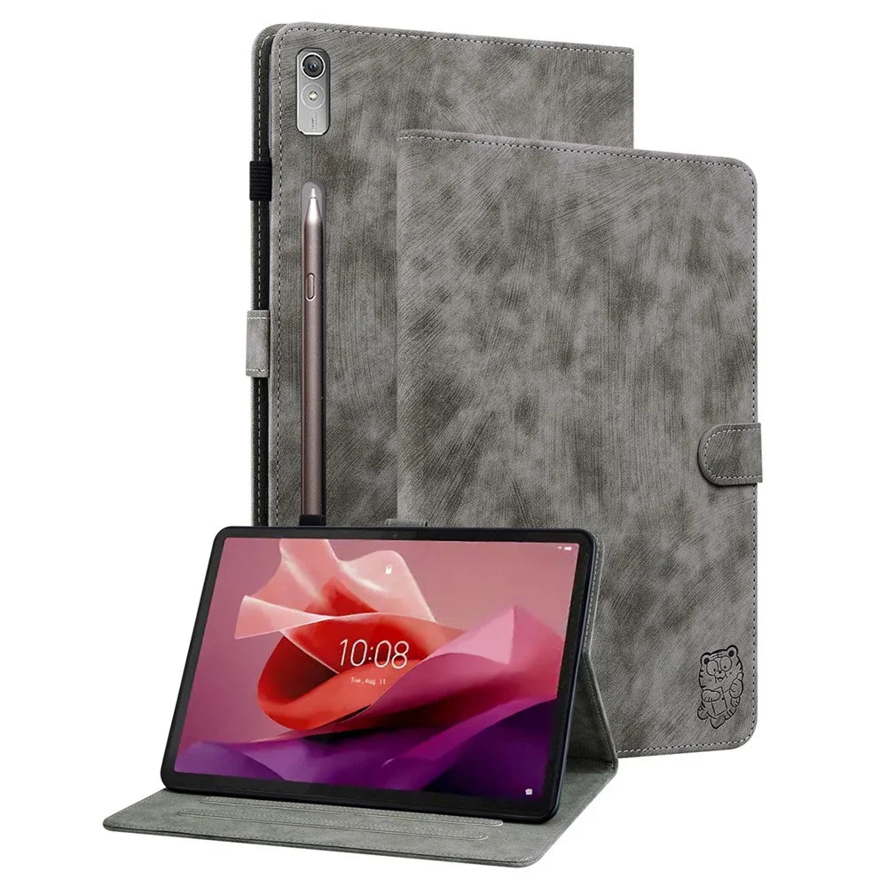 For Lenovo Tab P12 Leather Case Cute Tiger Imprinted PU Leather Card Holder Tablet Cover - Grey - 1