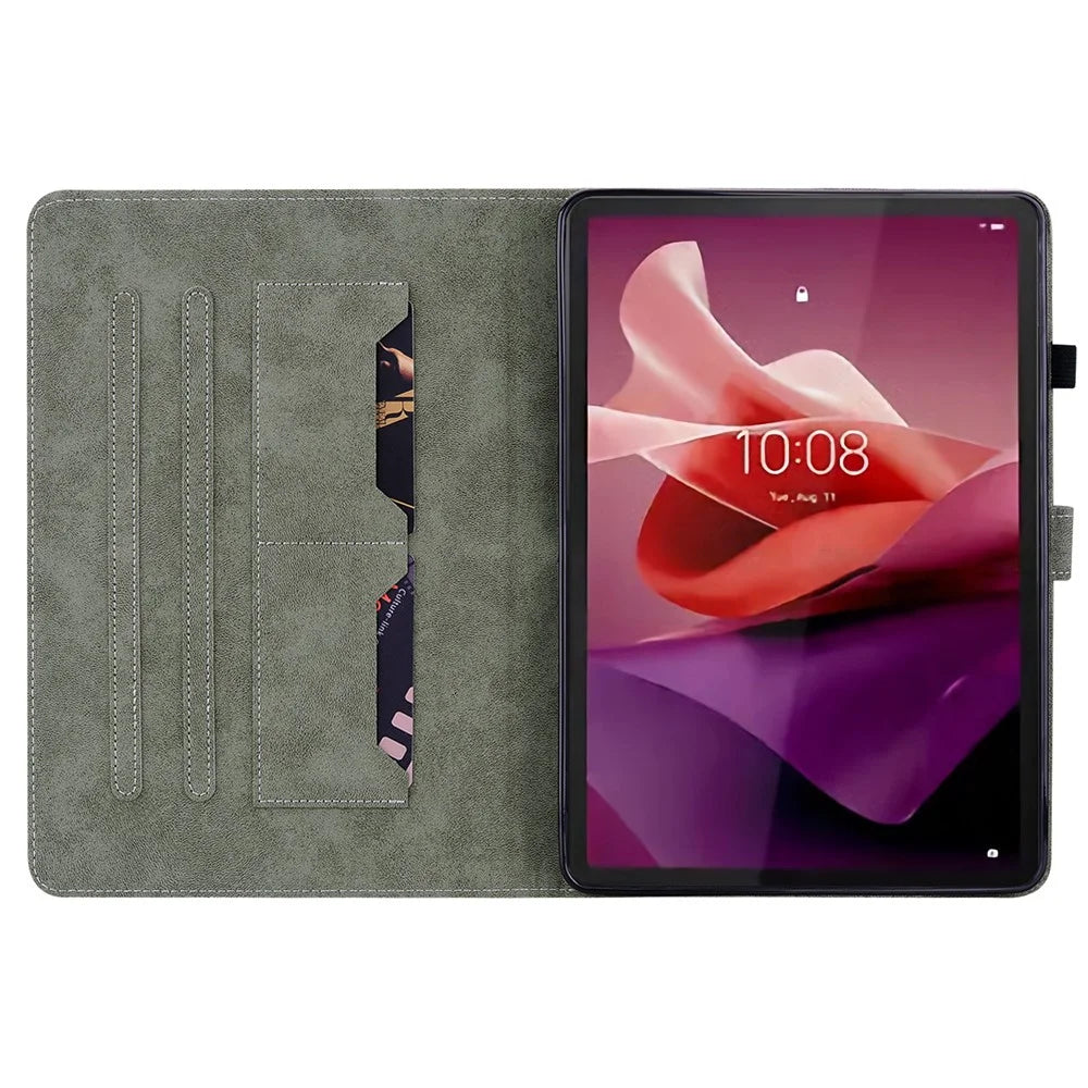 For Lenovo Tab P12 Leather Case Cute Tiger Imprinted PU Leather Card Holder Tablet Cover - Grey - 3
