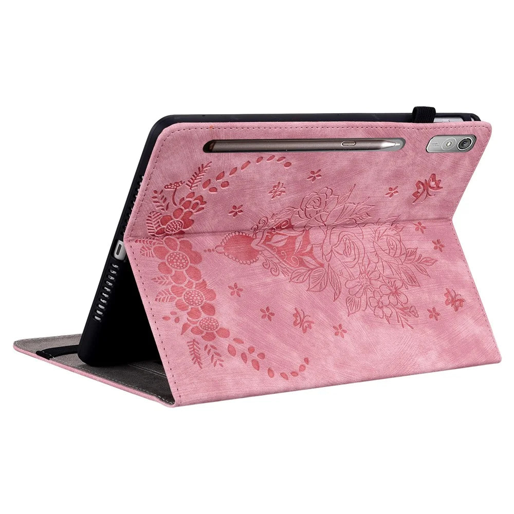 For Lenovo Tab P12 Tablet Cover PU Leather Card Holder Butterfly Rose Imprinted Case - Pink - 4