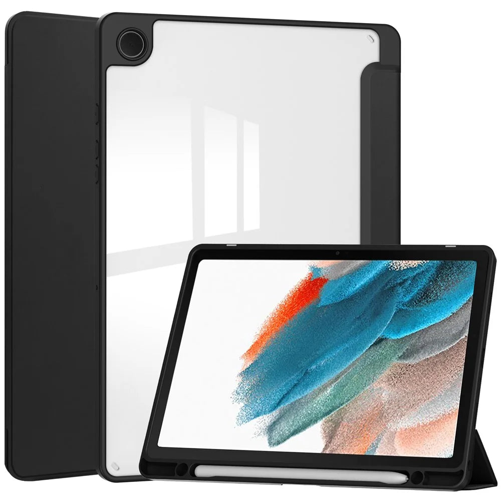 Clear Back Cover for Samsung Galaxy Tab A9+ PU+TPU+Acrylic Tablet Case with Pen Slot - Black - 1