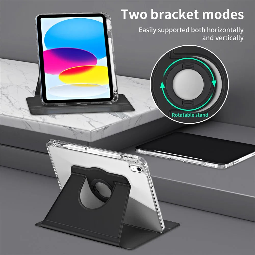 For iPad (2025) / 10.9 (2022) Protective Case PU Leather+Acrylic Rotary Kickstand Tablet Cover - Black - 3