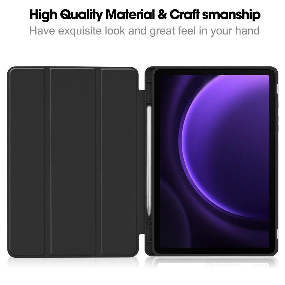 For Samsung Galaxy Tab S10 FE / S9 FE Leather Case Tri-Fold Stand Pen Slot Tablet Cover - Black - 2