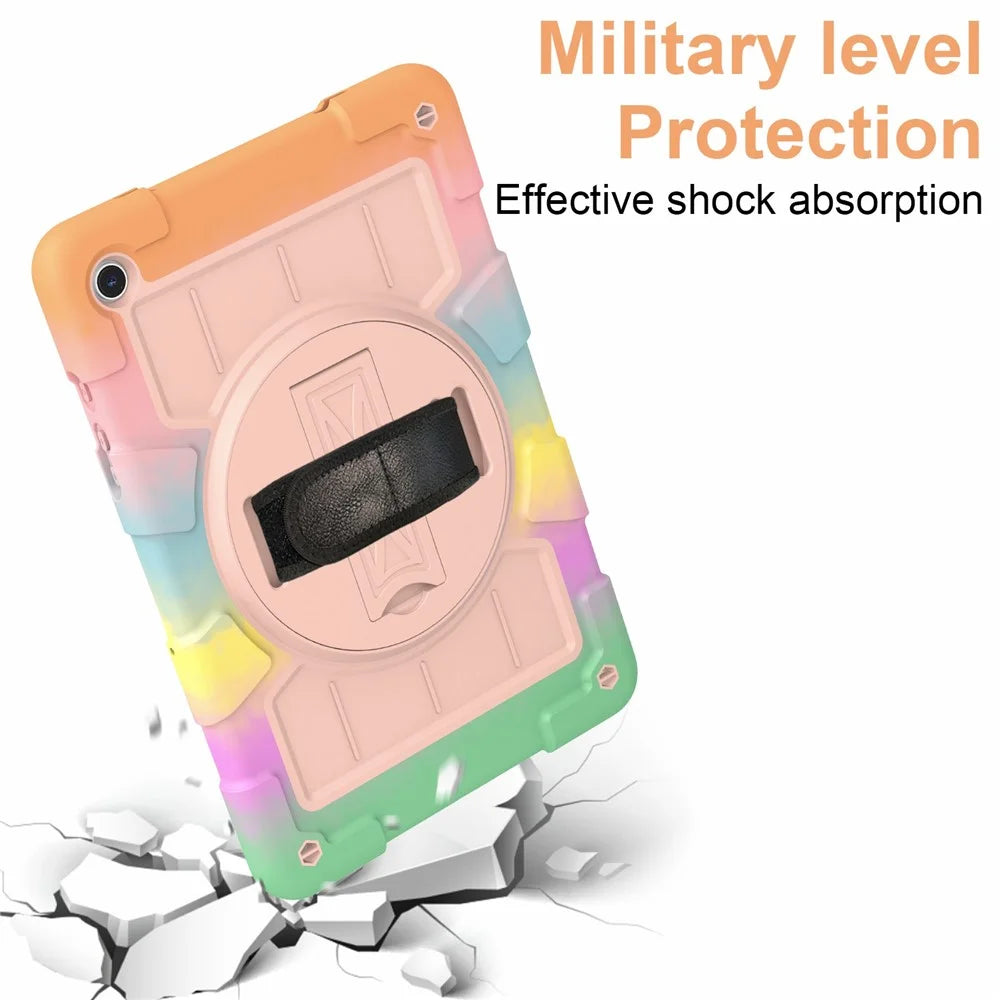 For Samsung Galaxy Tab A9+ Rugged Kickstand Cover TPU+PC Tablet Case with Shoulder Strap - Colorful Gold - 5