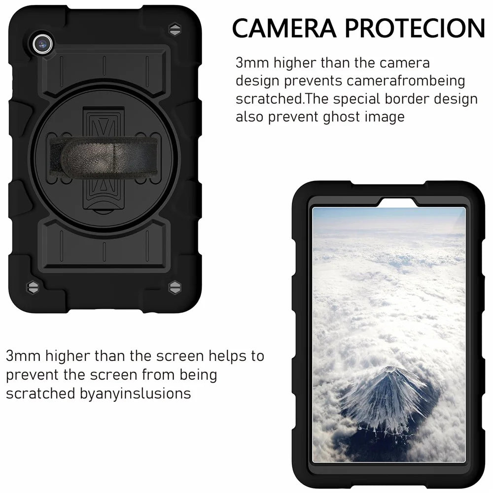 For Samsung Galaxy Tab A9 Case PC+TPU Rotary Hand Band Kickstand Cover with Shoulder Strap - Black - 3