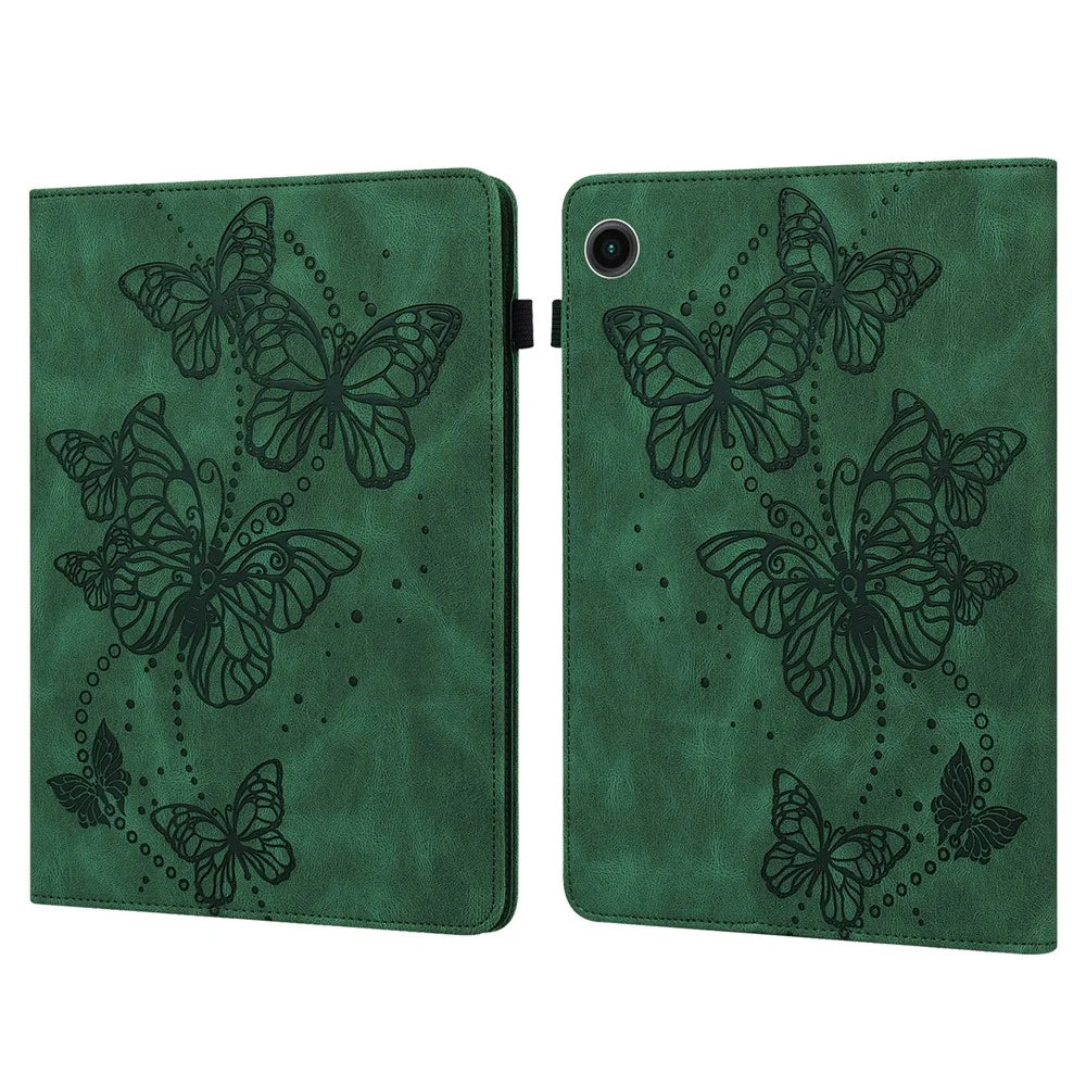 For Samsung Galaxy Tab A11+ / A9+ Case Leather Card Holder Butterfly Imprinted Tablet Cover - Green - 1