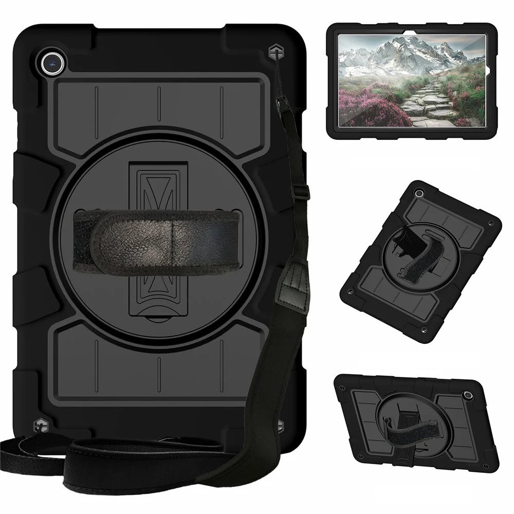 For Samsung Galaxy Tab A9+ Kickstand Case Rotating Hand Strap PC+TPU Tablet Cover with Shoulder Strap - Black - 1