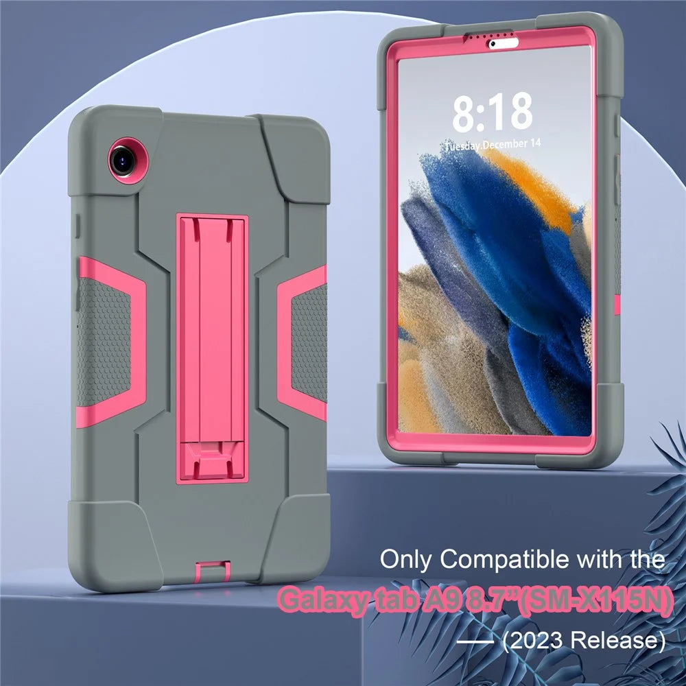 For Samsung Galaxy Tab A9 Kickstand Case Silicone + PC Dual Color Tablet Cover - Grey+Rose PC - 3