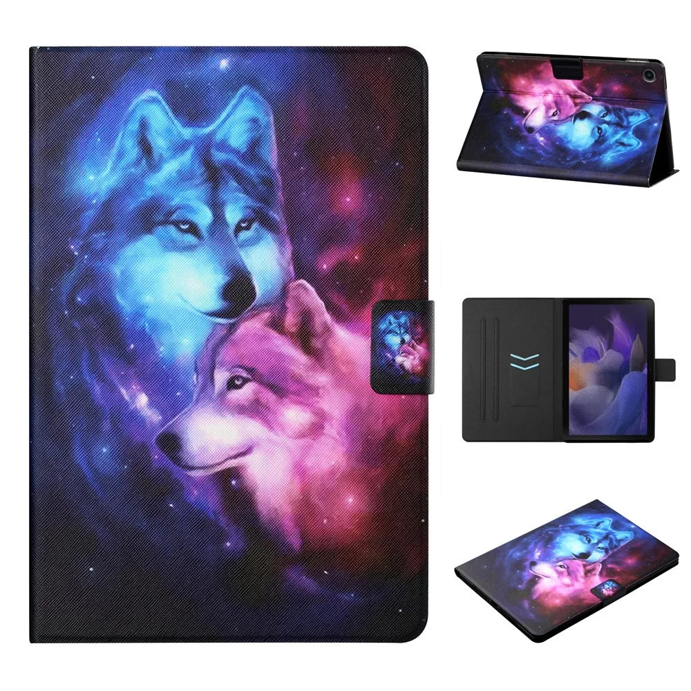 For Samsung Galaxy Tab A9+ Leather Case Card Holder Pattern Smart Tablet Cover - Wolf - 1