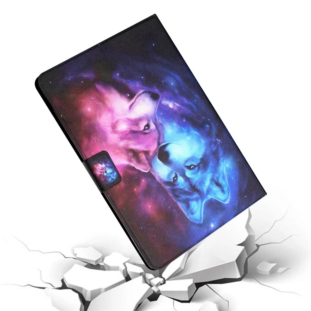 For Samsung Galaxy Tab A9+ Leather Case Card Holder Pattern Smart Tablet Cover - Wolf - 6