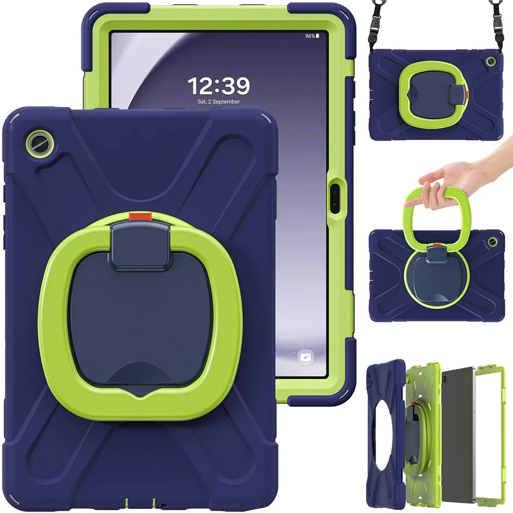 For Samsung Galaxy Tab A9+ Case Rotary Kickstand Anti-drop Tablet Cover with Shoulder Strap - Navy Blue+Yellowgreen - 2