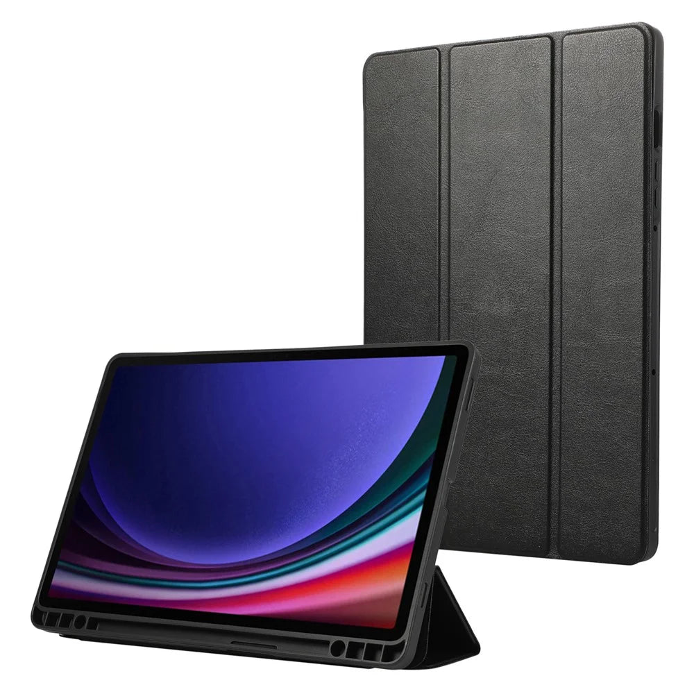 For Samsung Galaxy Tab S9 / S10 Lite / S10 FE / S9 FE Tablet Case Tri-Fold Stand Solid Color Shockproof PU Cover with Pencil Slot - Black - 1