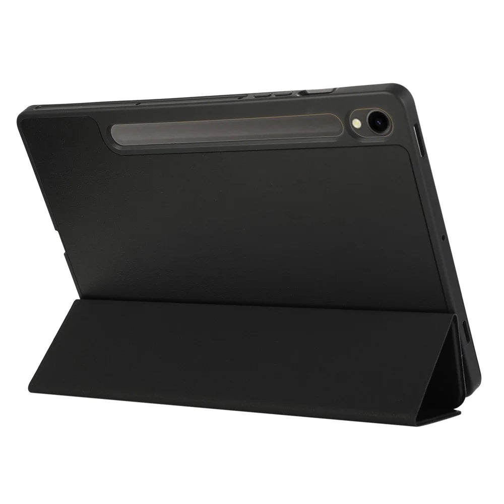For Samsung Galaxy Tab S9 / S10 Lite / S10 FE / S9 FE Tablet Case Tri-Fold Stand Solid Color Shockproof PU Cover with Pencil Slot - Black - 3