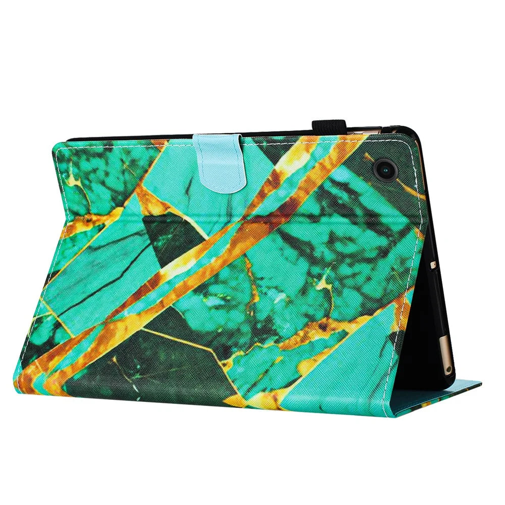 For Samsung Galaxy Tab A9+ Pattern Case PU Leather Stand Folio Smart Cover - Gold+Green Marble - 4