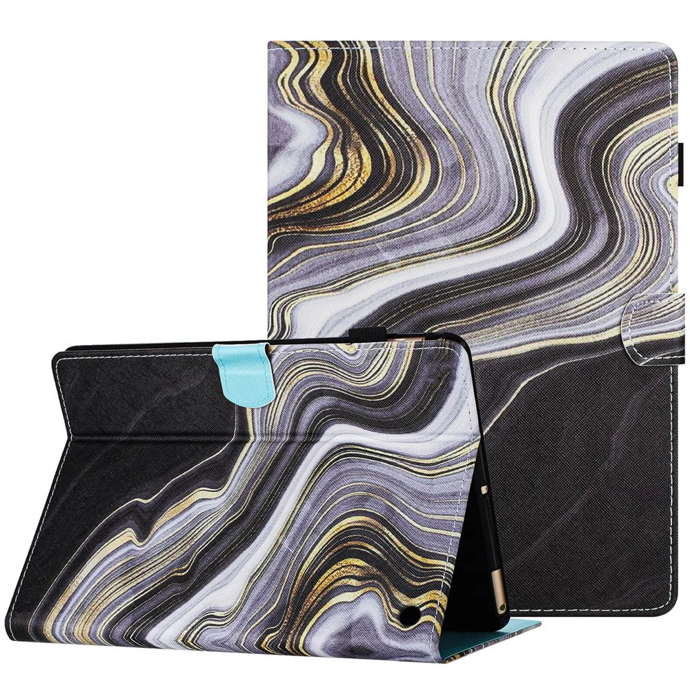 For Amazon Fire 7 (2022) Leather Smart Case Pattern Tablet Cover with Card Holder - Black+Gold Marble - 1