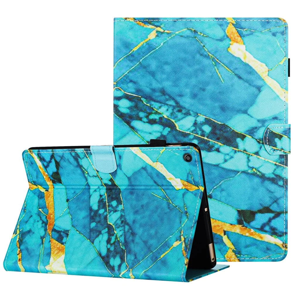 For Amazon Fire HD 10 (2015) / (2017) / (2019) Tablet Case Stand PU Leather Pattern Cover - Gold+Blue Marble - 1