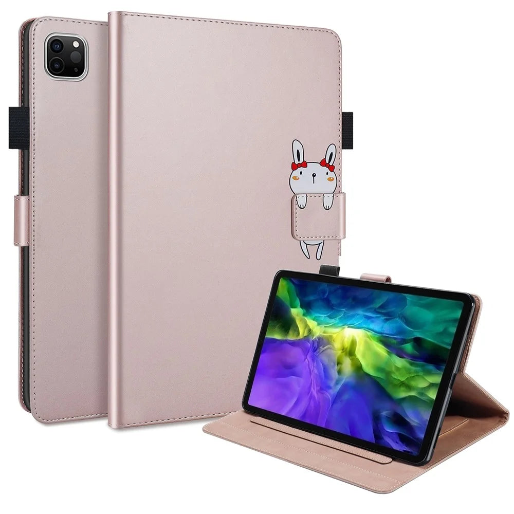 For iPad Pro 11 (2020) / (2021) / (2022) Stand Case Card Holder Cartoon Animal Pattern Leather Cover - Rose Gold - 1