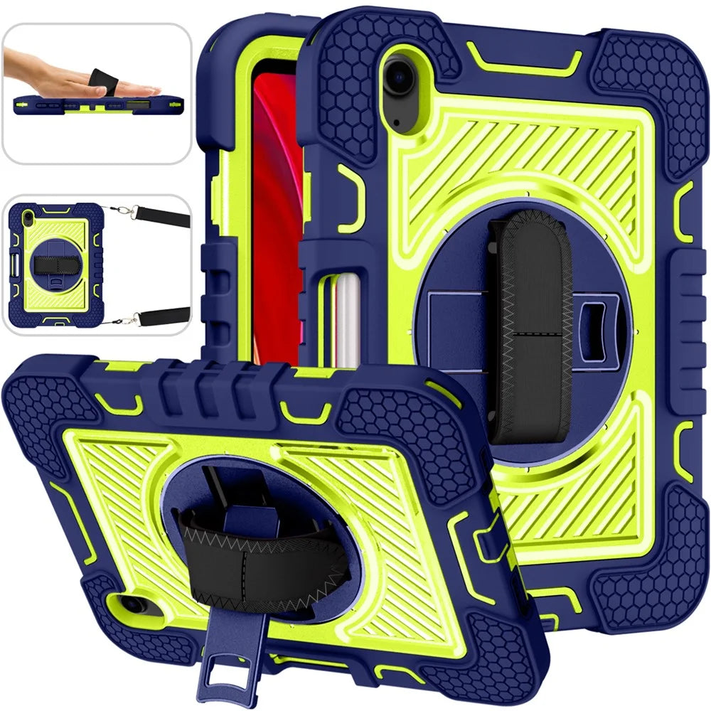 Hand Strap Kickstand for iPad mini (2024) / mini (2021) Tablet Case with Shoulder Strap - Navy Blue+Yellow Green - 2