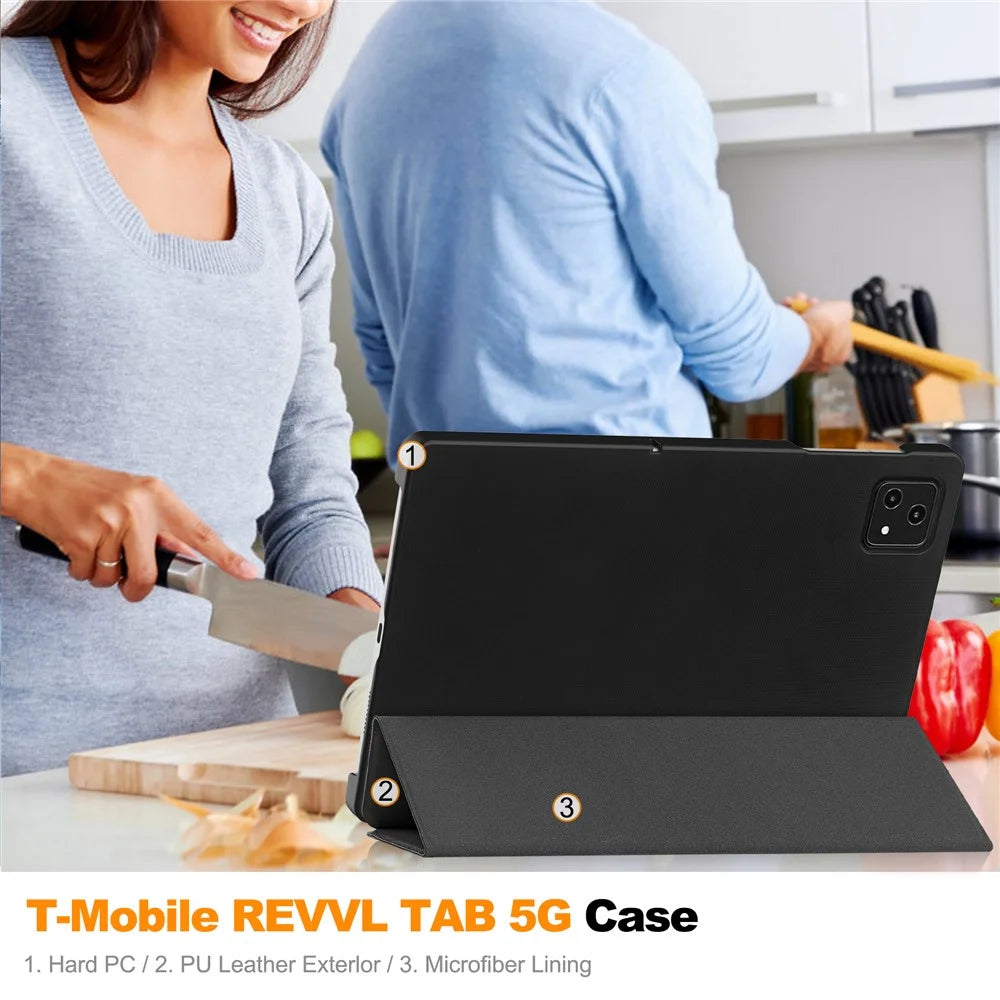 For T-Mobile REVVL Tab Tri-fold Stand Smart Case PU Leather Tablet Cover - Black - 7