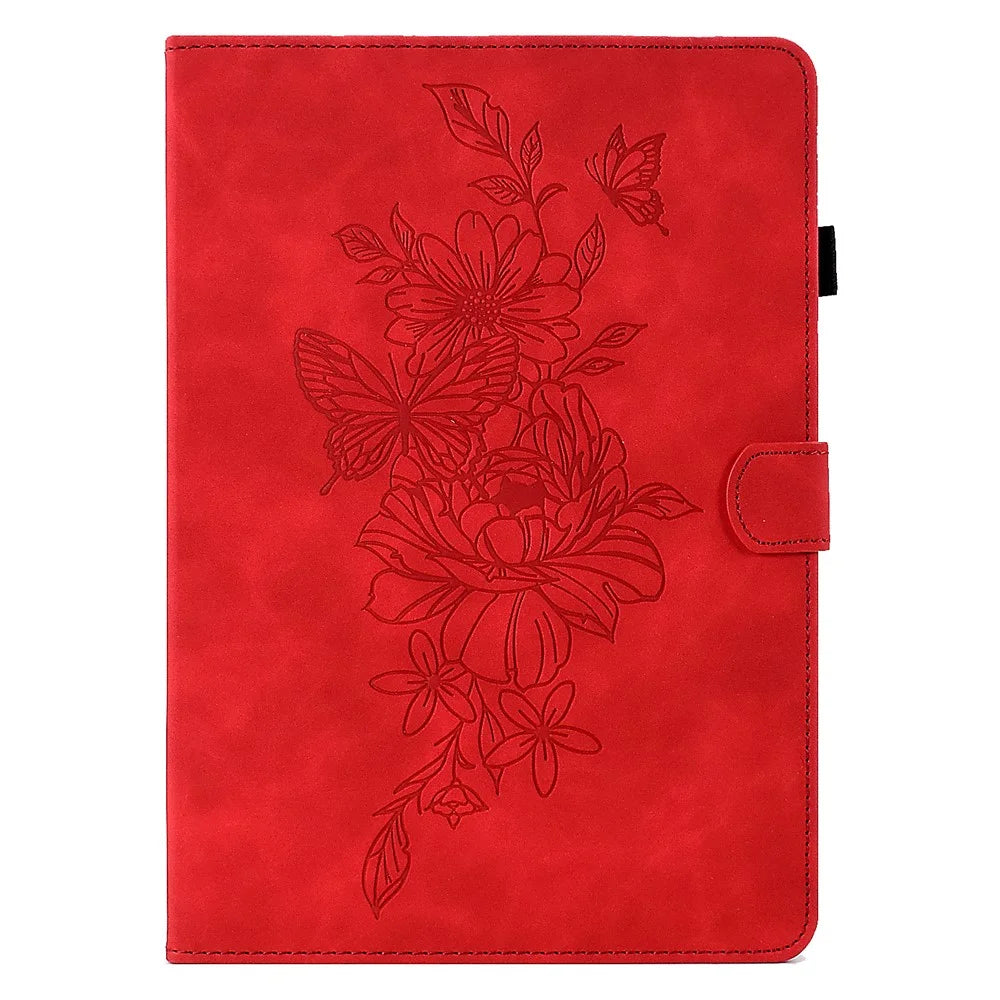A7 For Amazon Fire HD 10 (2023) Tablet Case Flower Butterfly Imprinted Leather Cover with Card Slots - Red - 2