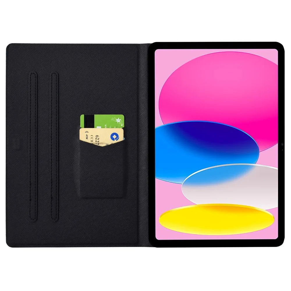 For iPad (2025) / 10.9 (2022) Case with Card Slots Pattern Printed Bump Proof Leather Tablet Cover - Rose Cat - 2