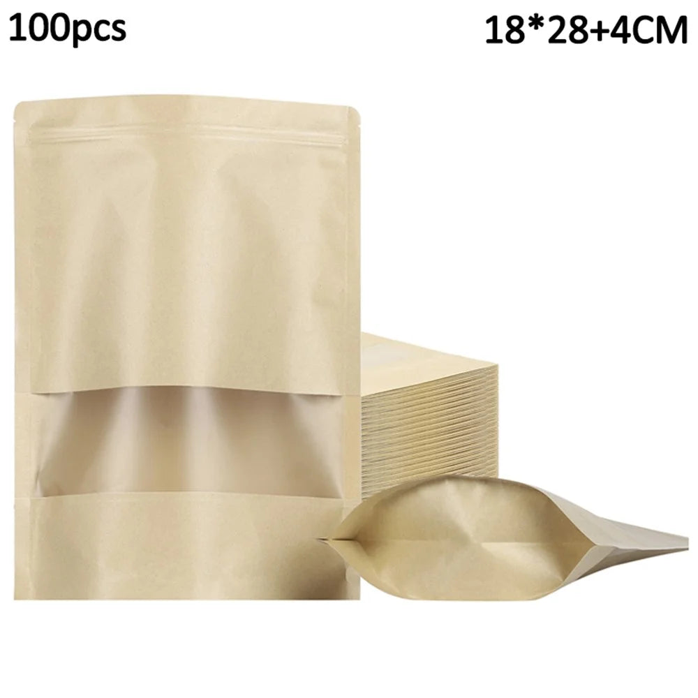 MX-001 100Pcs 18x28cm+4cm Kraft Paper Stand-Up Pouch with Clear Window 28C Ziplock Food Storage Bags - 1