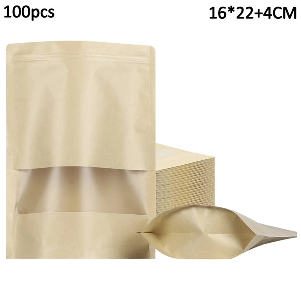 MX-001 100Pcs 16x22cm+4cm 28C Storage Bags with Clear Window Zip Lock Kraft Paper Pouches (BPA-free, No FDA Certification) - 1