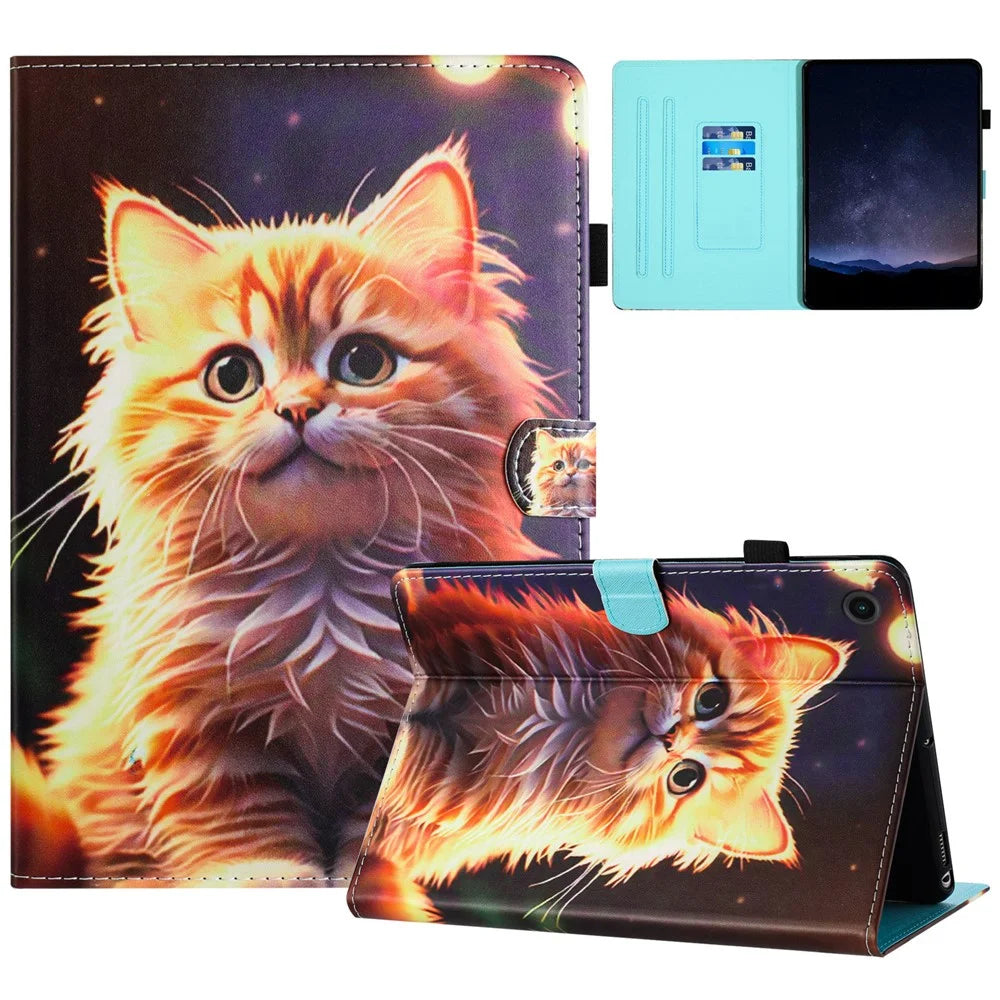 For Samsung Galaxy Tab A11 / A9   Tablet Stand Cover PU Leather Shell Pattern Case with Card Slots - Cat - 1