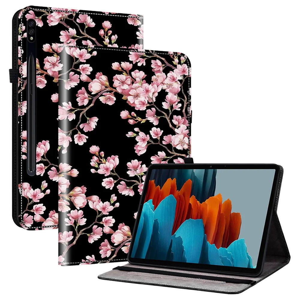 For Samsung Galaxy Tab S7 / S8 Cases Pattern Printing Flip Tablet Shell with Card Slot - Plum Blossom - 1