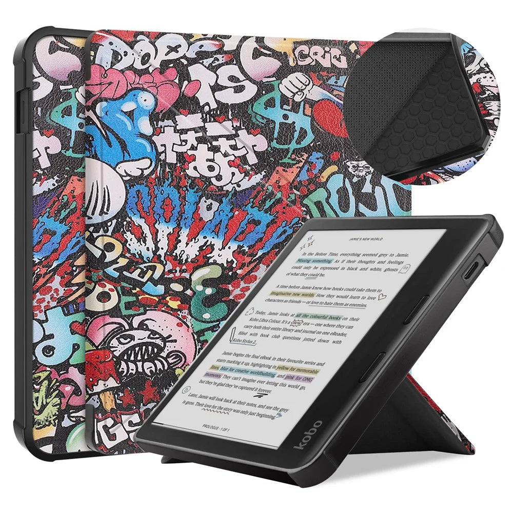 For Kobo Libra Colour Case Pattern Print Leather ebook Reader Cover - Graffiti - 2