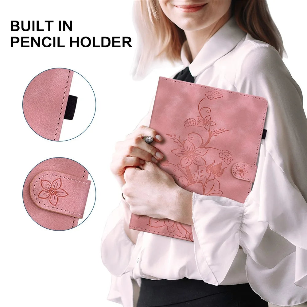 For Lenovo Tab M9 TB-310FU Case Imprinted Lily Flower PU Leather Card Slots Tablet Cover - Pink - 5