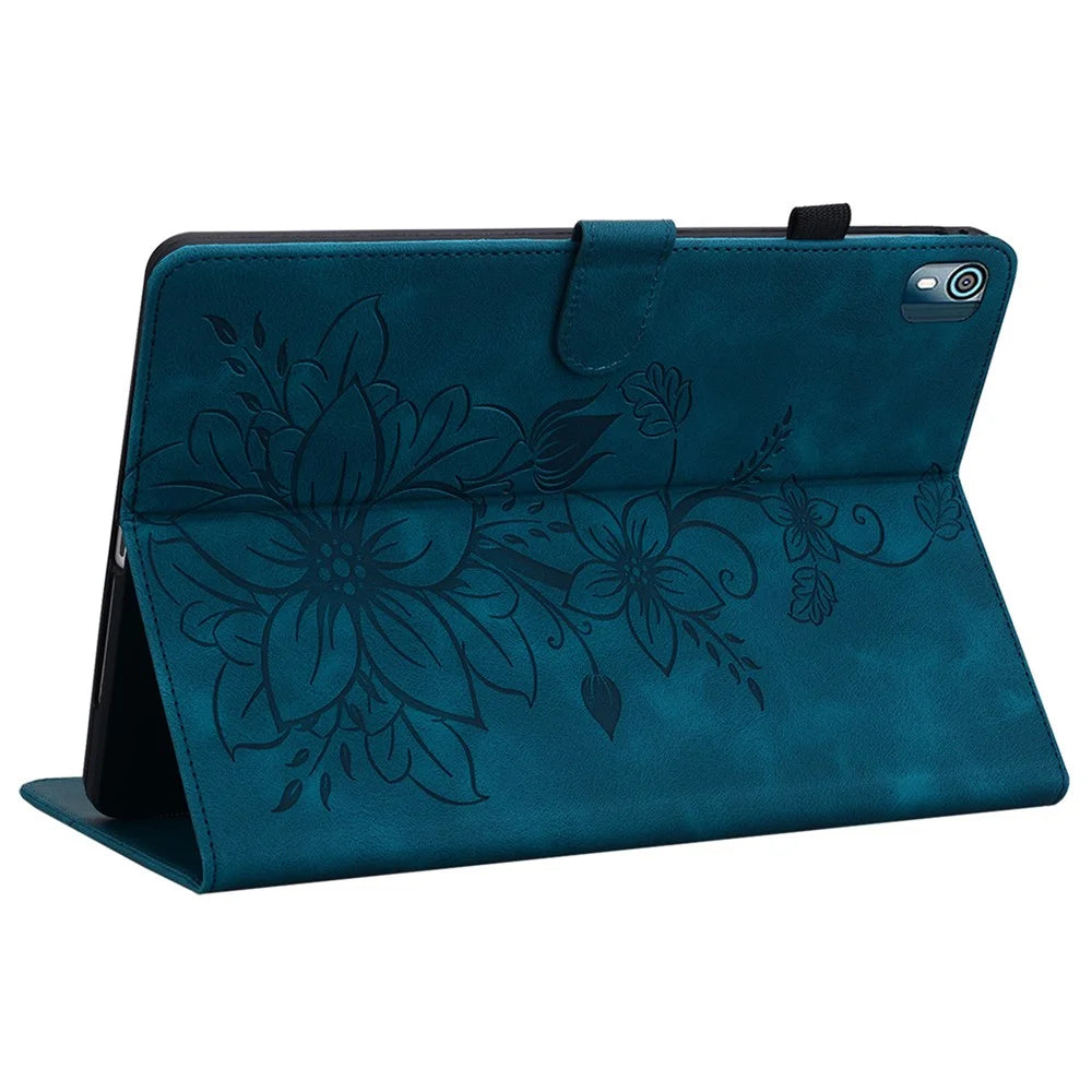 For Nokia T10 Case Lily Flower PU Leather Pencil Holder Magnetic Clasp Tablet Cover - Blue - 4